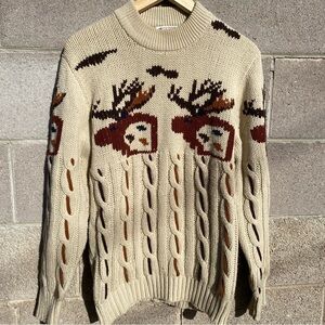 Vintage Silton California Sweater Beige Moose Medium Knit Wildlife 80s Cottage